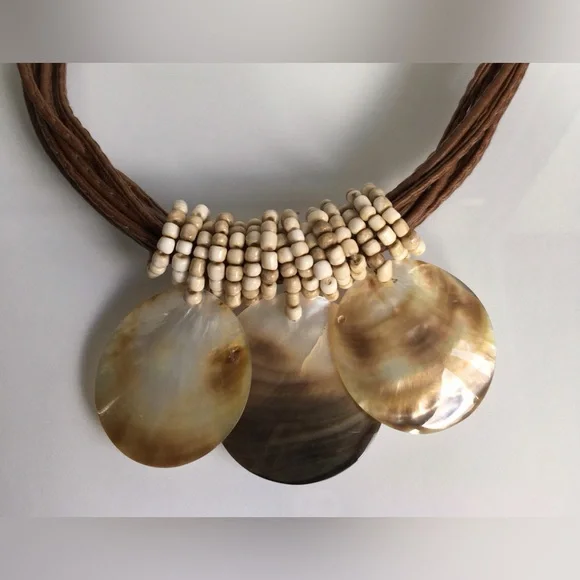 Multi-cord Shell Statement Necklace Brown Tan Ivory 20” Long - Picture 2 of 5